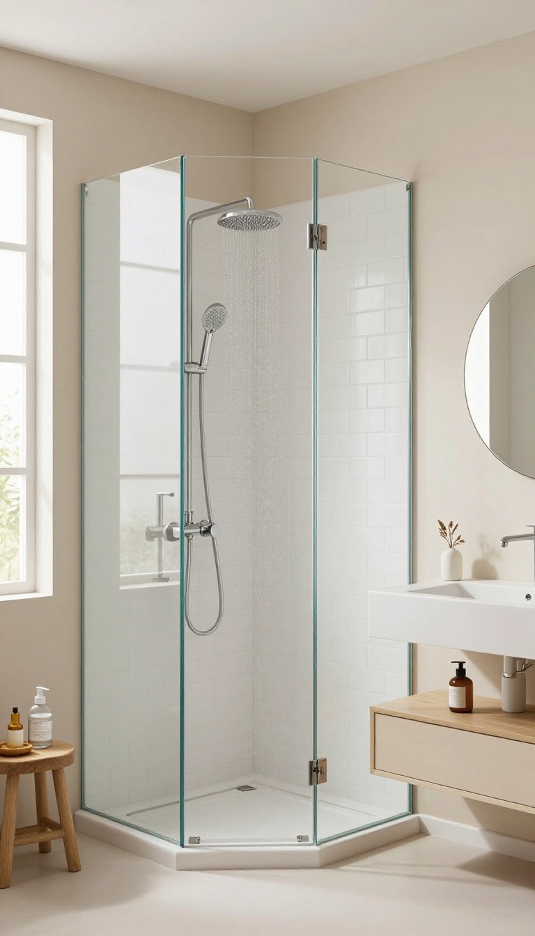 Small corner shower with frameless glass panels in a bright modern bathroom