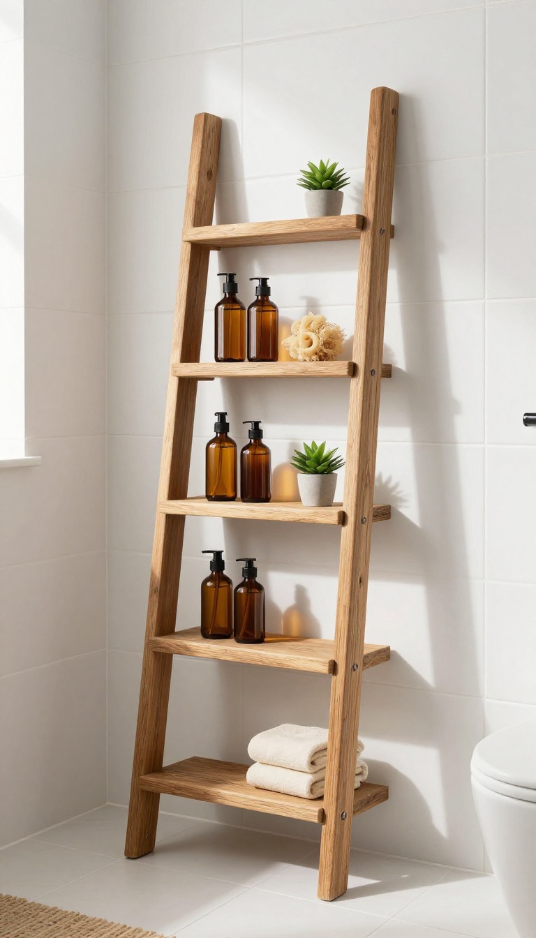 Rustic wooden ladder shelf in a shower holding shampoo bottles and a plant