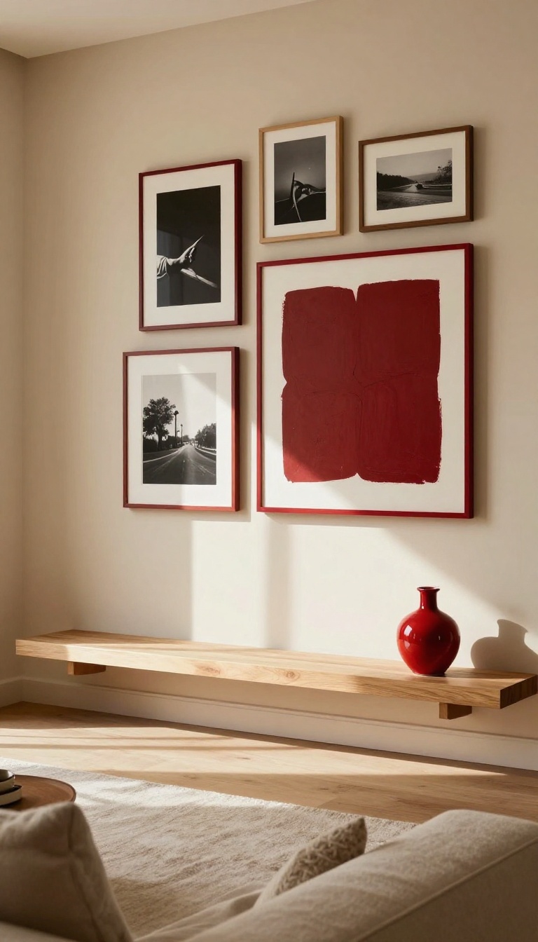 Warm living room gallery wall mixing red picture frames and a red abstract canvas with neutral black-and-white prints and a small red ceramic vase on a wood shelf