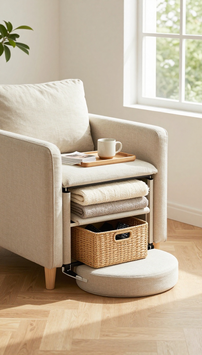 Round storage ottoman with an open lid showing folded blankets in a bright small living room