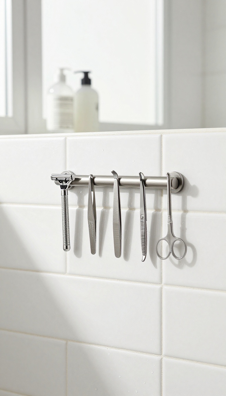 Magnetic strip mounted on white shower tile holding metal grooming tools like a razor, tweezers, and nail clippers in a neat row