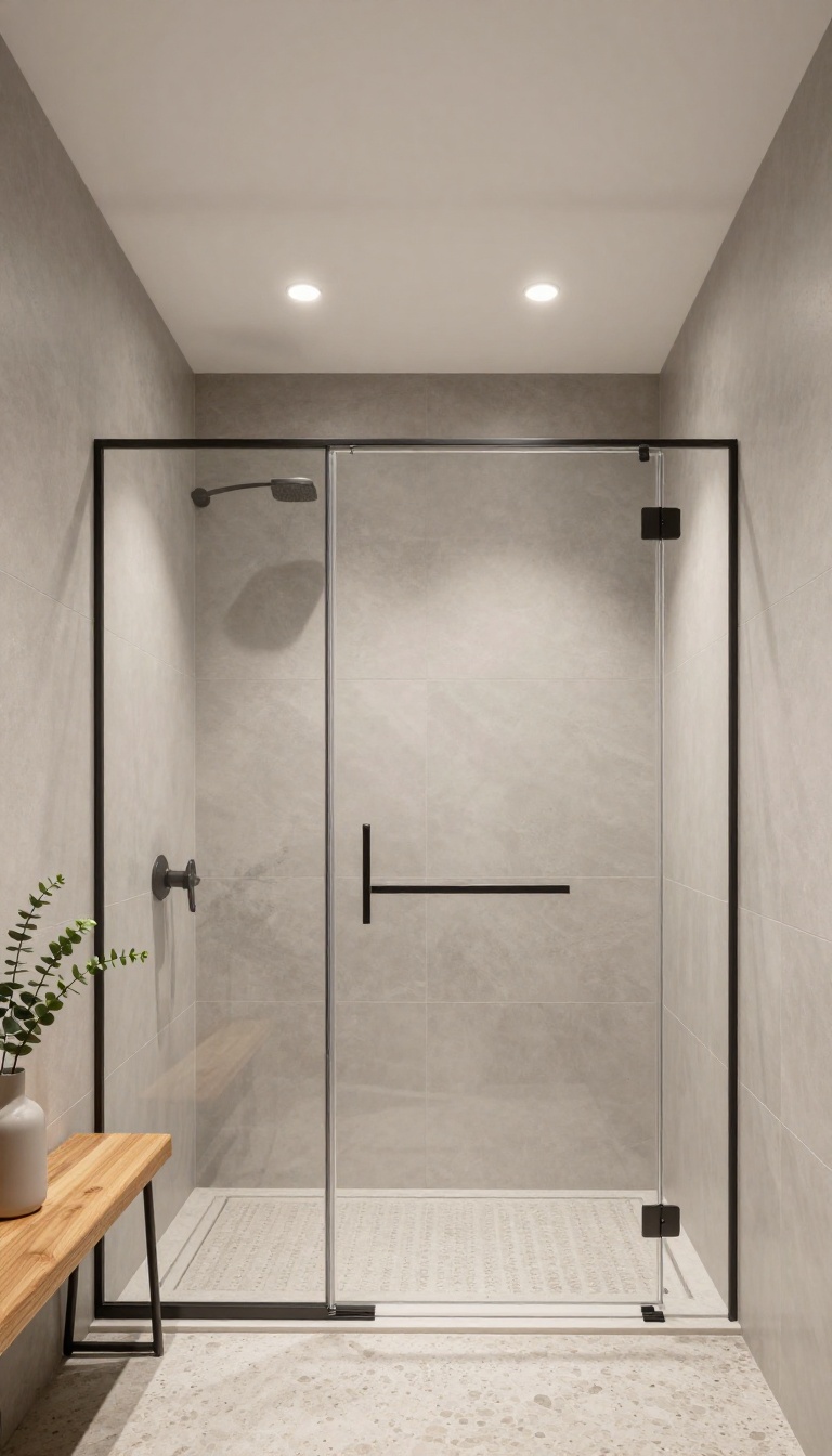 Modern walk-in shower with two flush recessed LED downlights in a matte white ceiling casting even bright light over gray tile and a pebble floor