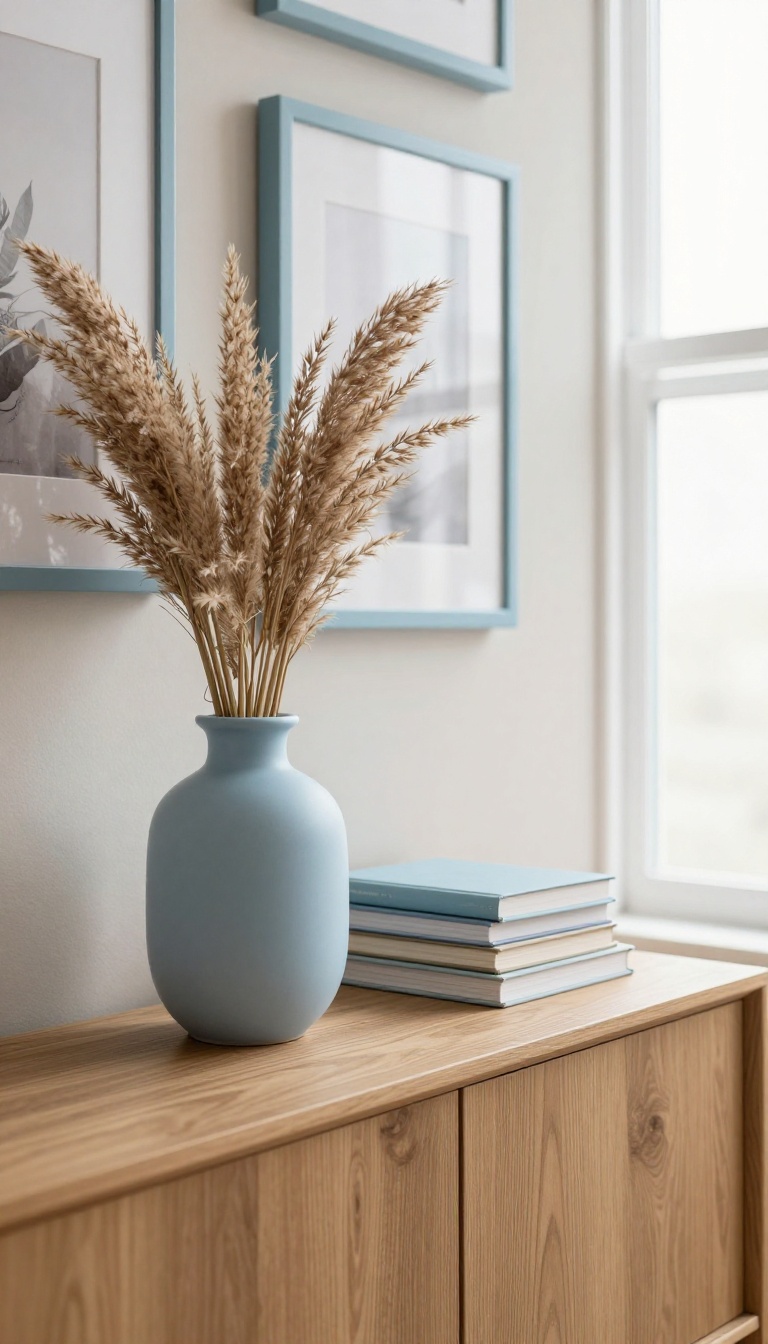 Neutral living room corner with light blue decor accents including a matte vase, books, and picture frames in bright natural light
