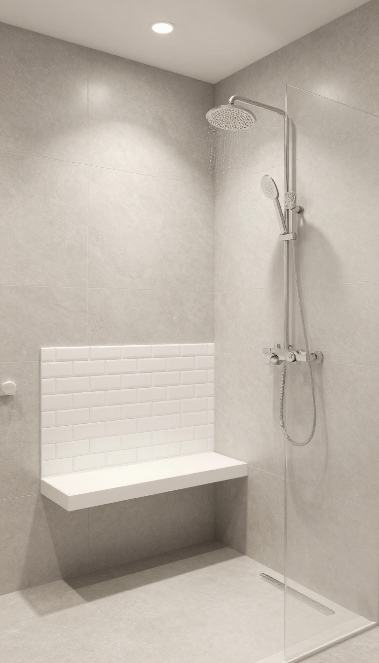 Bright basement shower with light gray large-format tiles, glass enclosure, and rainfall showerhead
