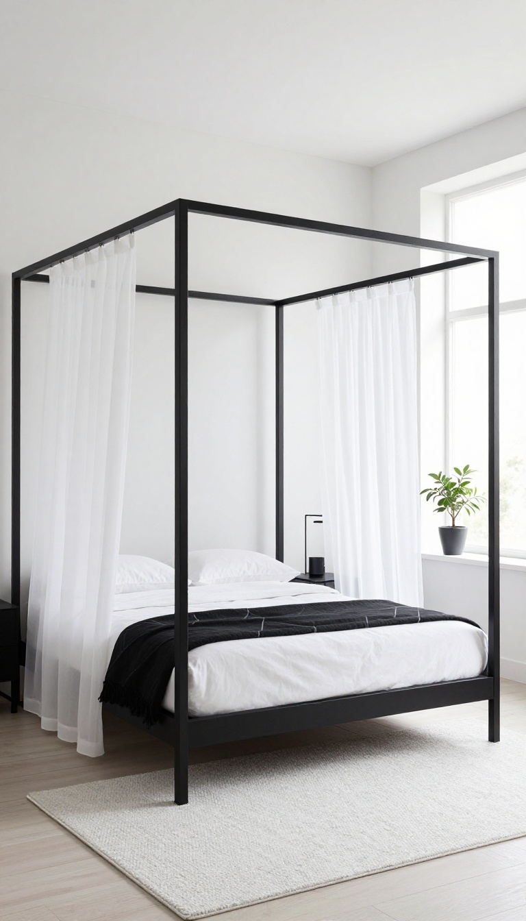 Modern black and white bedroom with a sleek black metal canopy bed, sheer white curtains, and crisp white bedding in bright natural light
