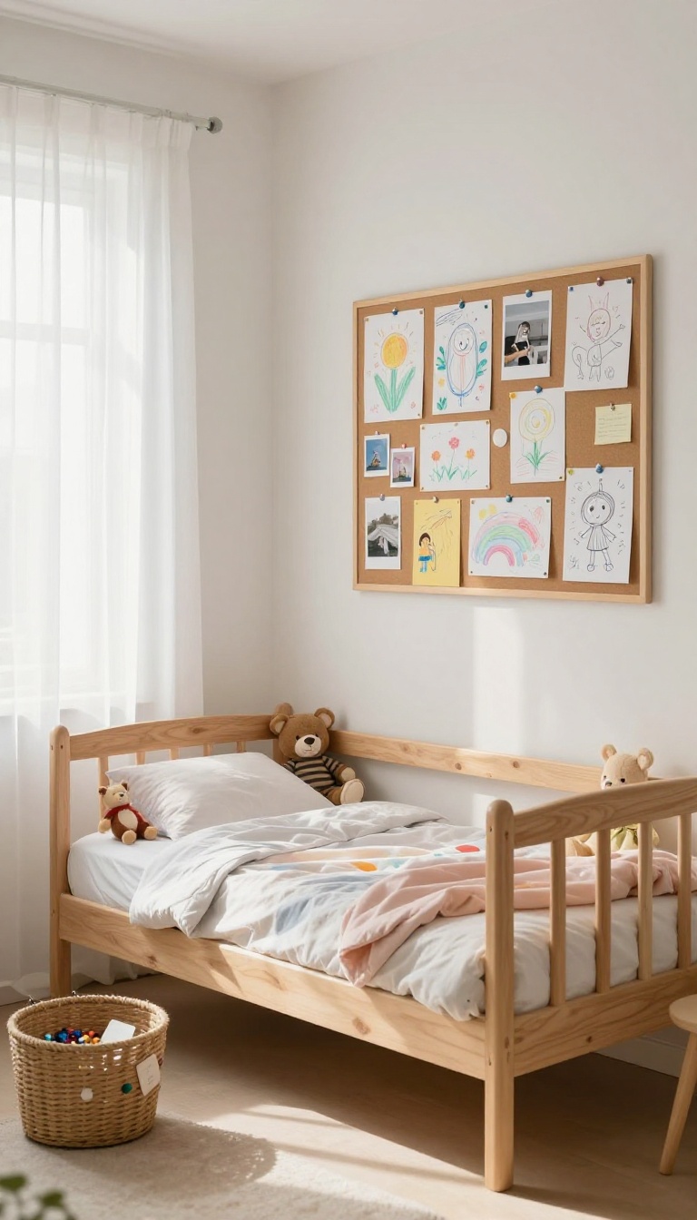 Girls' bunkbed bedroom with a cork bulletin board on the wall displaying kids' drawings and photos in a bright shared space