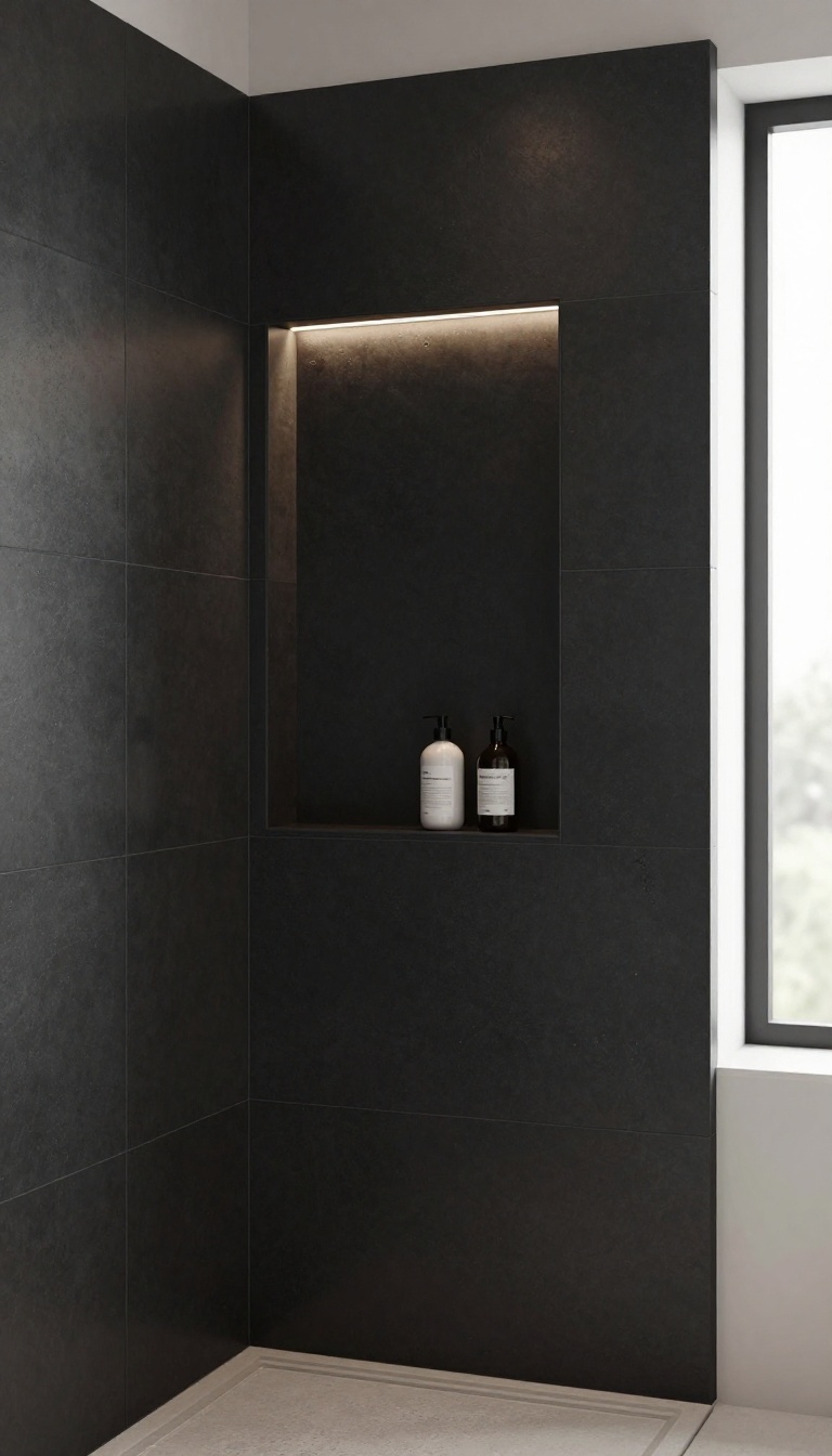 Modern black tiled shower with a recessed built-in niche holding toiletries, lit by a soft LED strip in bright natural light