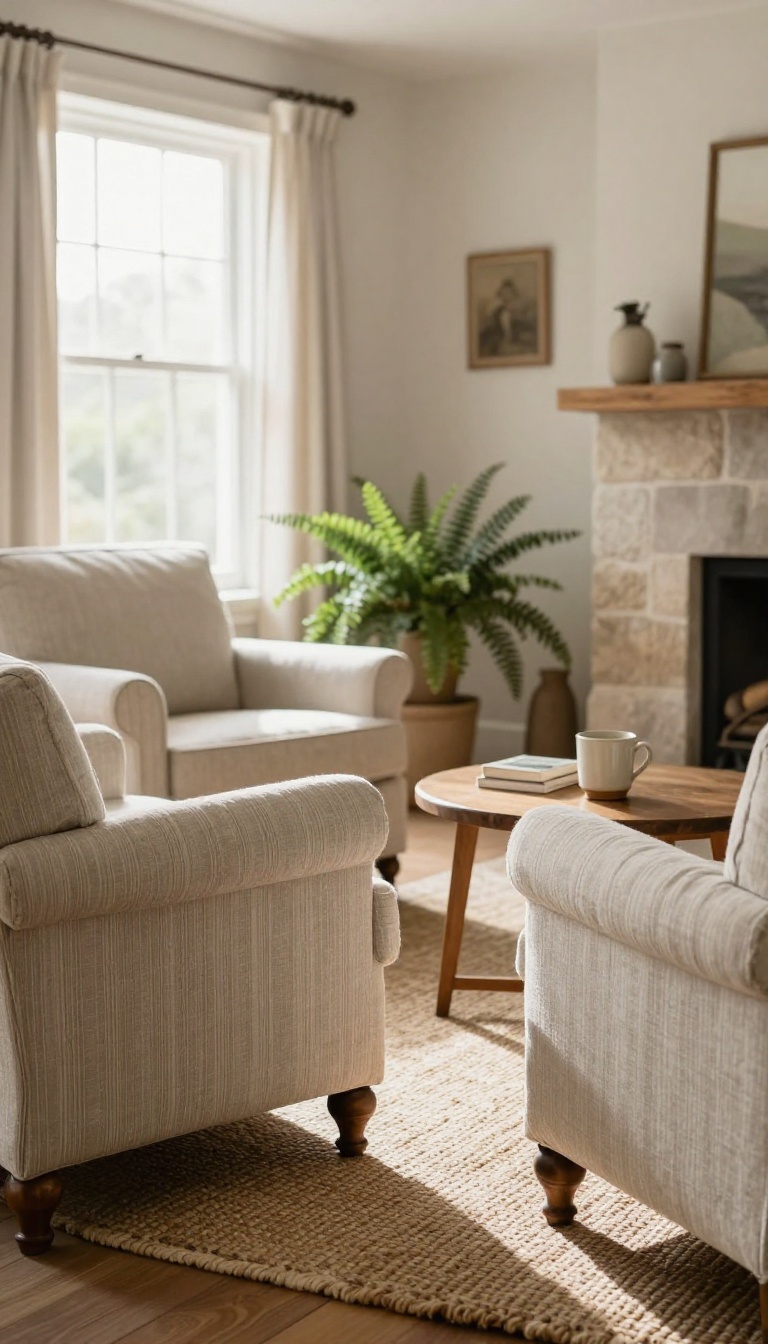 Two neutral upholstered armchairs angled toward each other with a small round table between them in a sunlit country living room