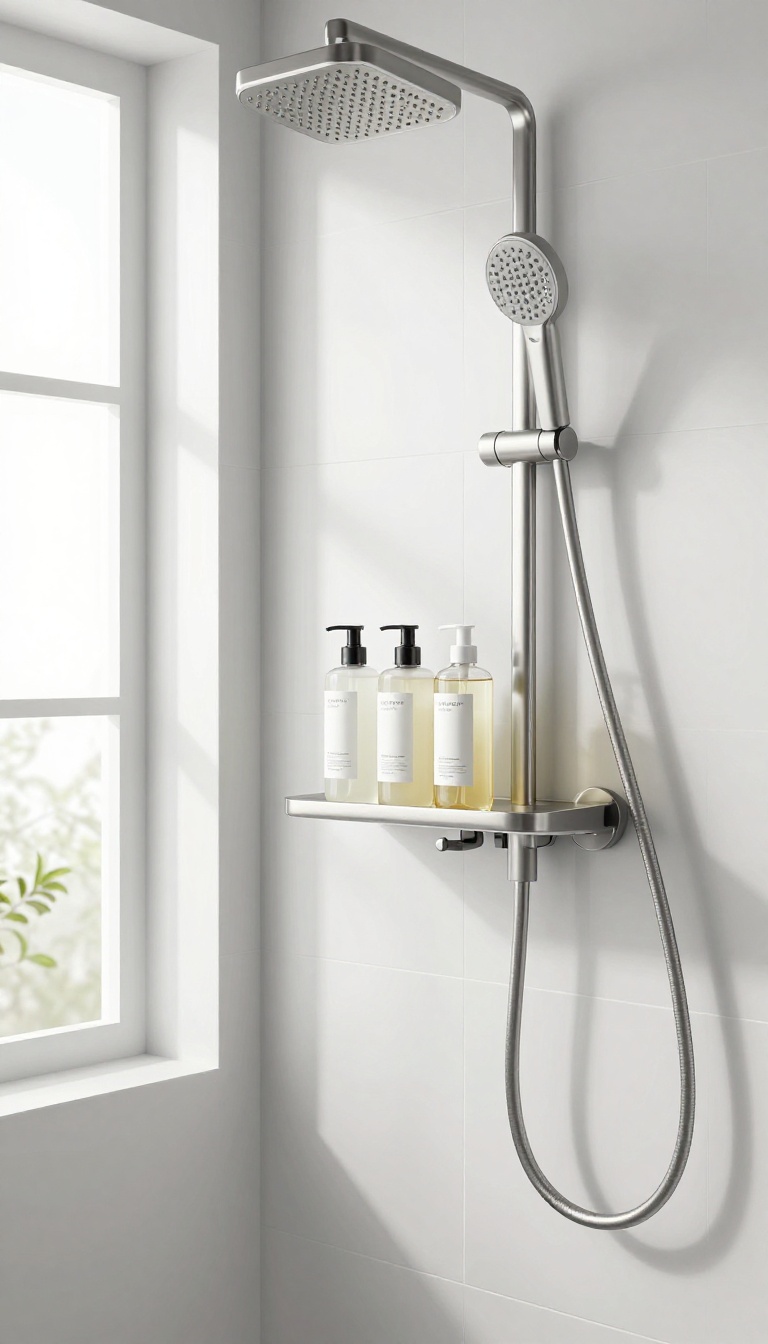 Over-the-showerhead shelf holding bottles in a bright, modern shower