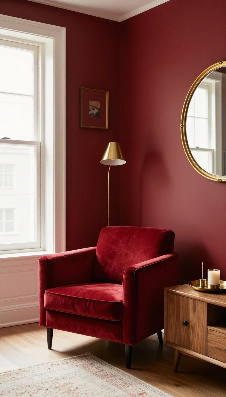 Warm red living room with a velvet armchair, brass floor lamp, and gold picture frames styled with natural light