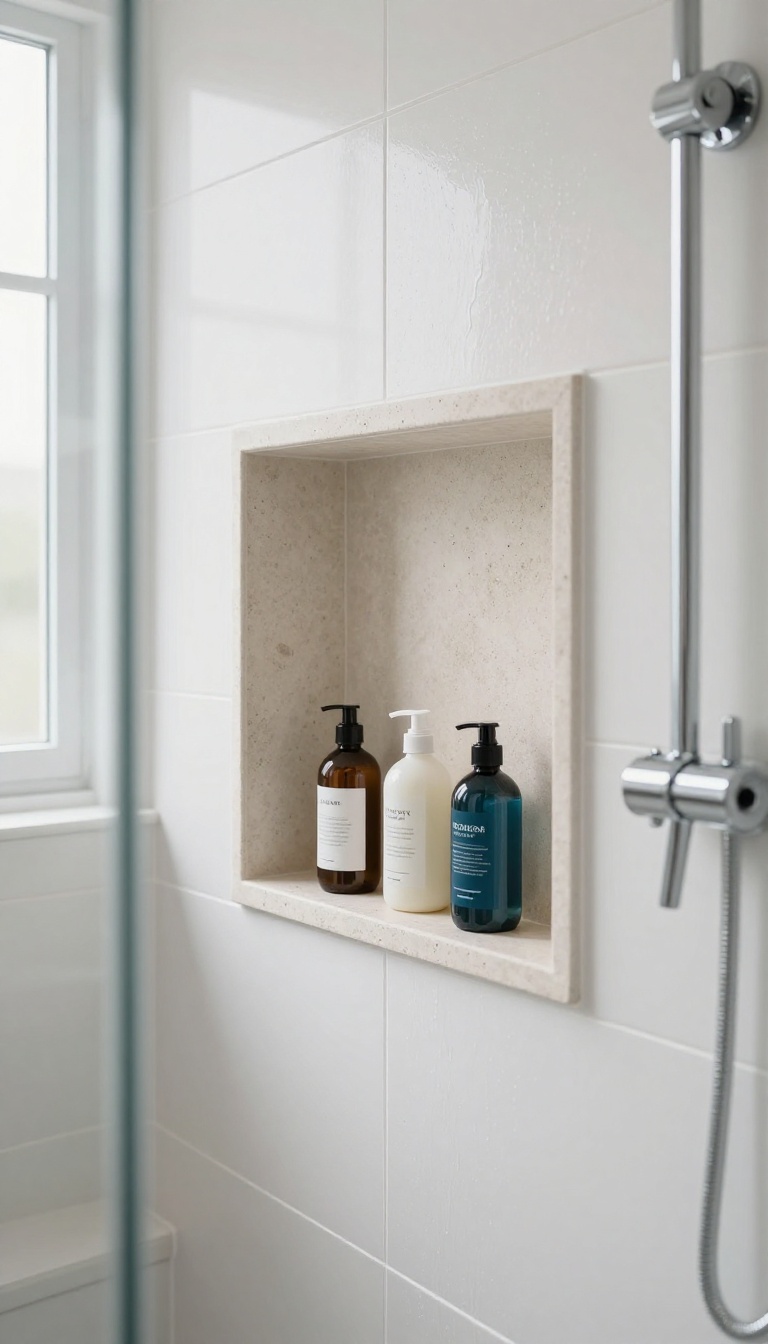 Bright modern walk-in shower with a tiled recessed wall niche holding shampoo and soap bottles, natural light, clean minimal bathroom remodel.
