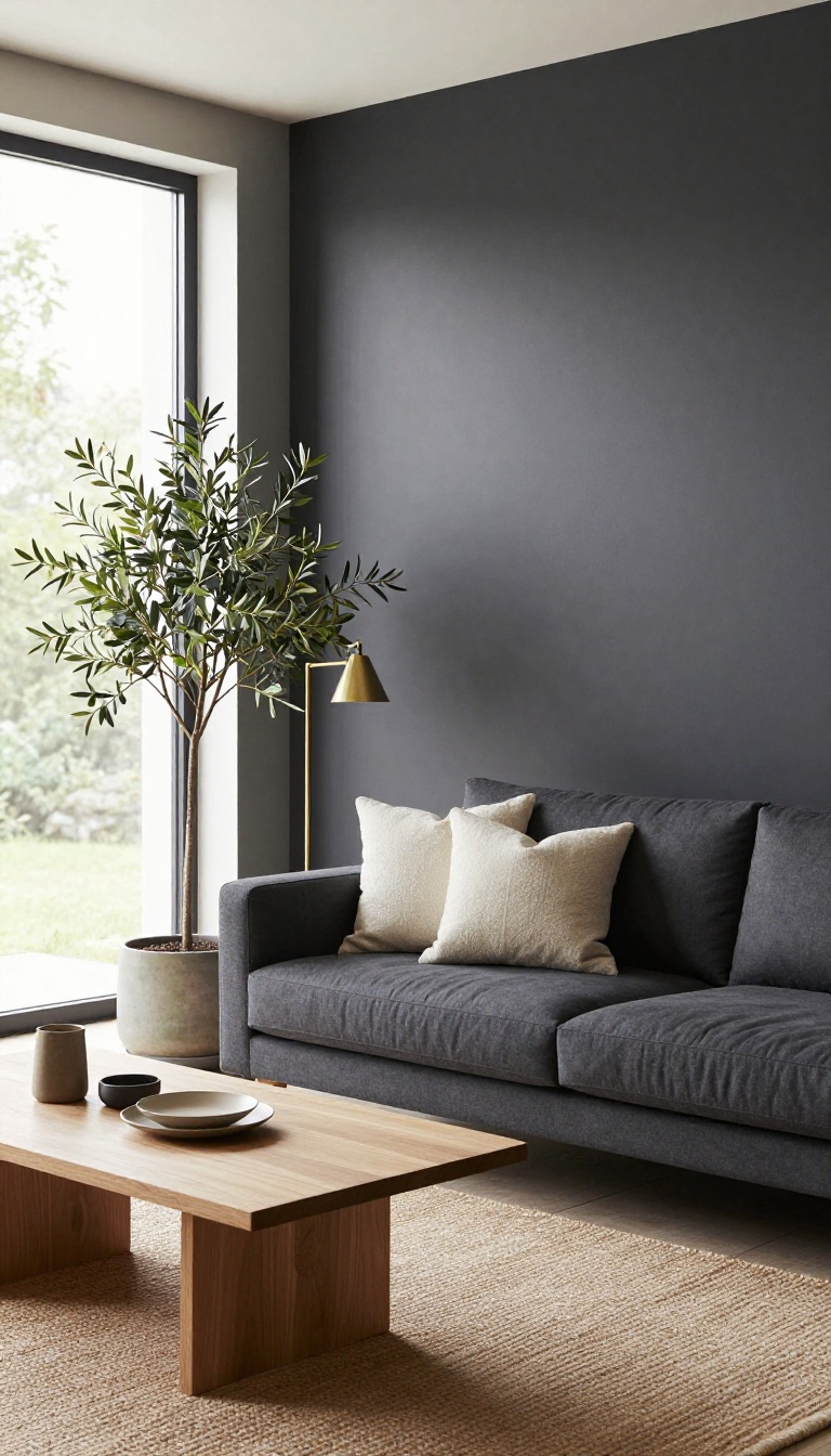 Modern living room with charcoal gray walls, dark sofa, light oak coffee table, and bright natural window light