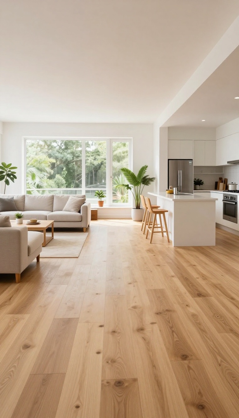 Bright open-concept living room and kitchen with one continuous seamless light wood floor running from the island into the living area