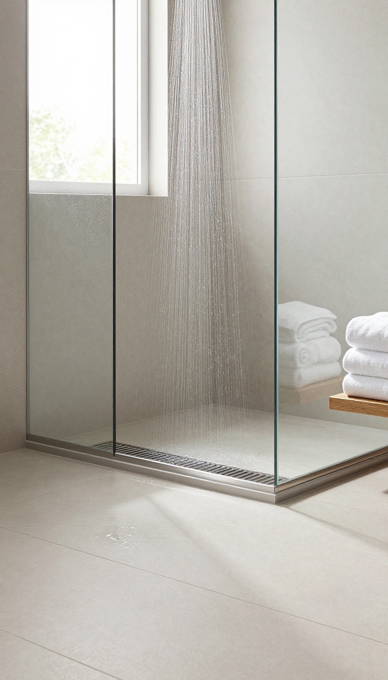 Modern shower stall with a linear drain set along the wall and large-format floor tiles sloping toward it in bright natural light
