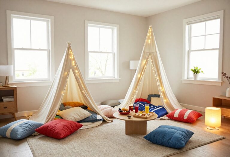 Cozy living room sleepover setup with blanket fort, pillows, and fairy lights