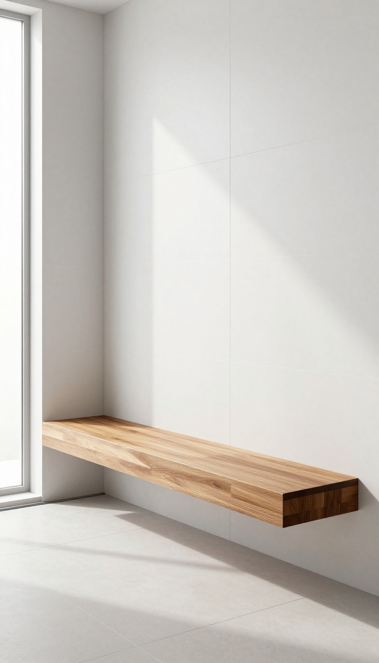 Modern bathroom shower with a floating teak wood bench mounted to a white tiled wall, bright natural light and clean minimalist design