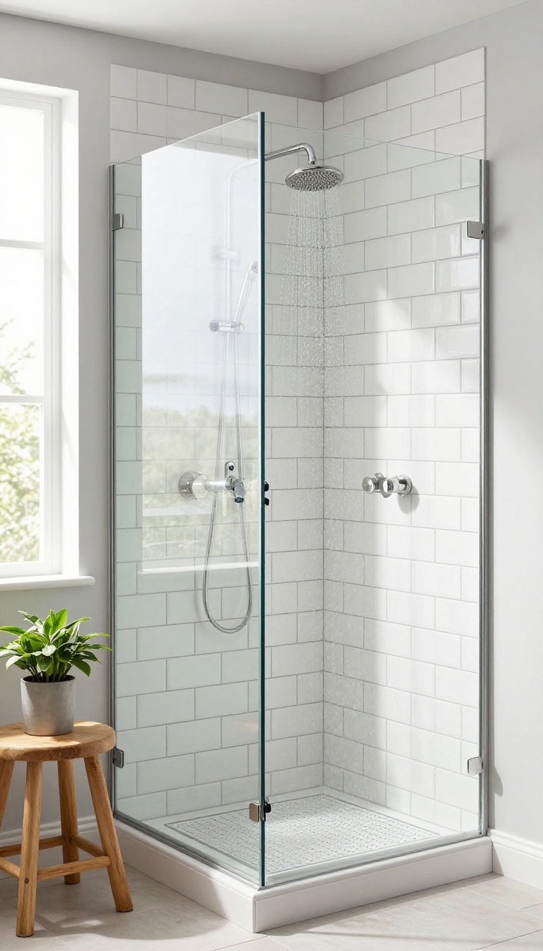 Bright modern farmhouse shower with white subway tile and dark grout, glass enclosure, and natural light