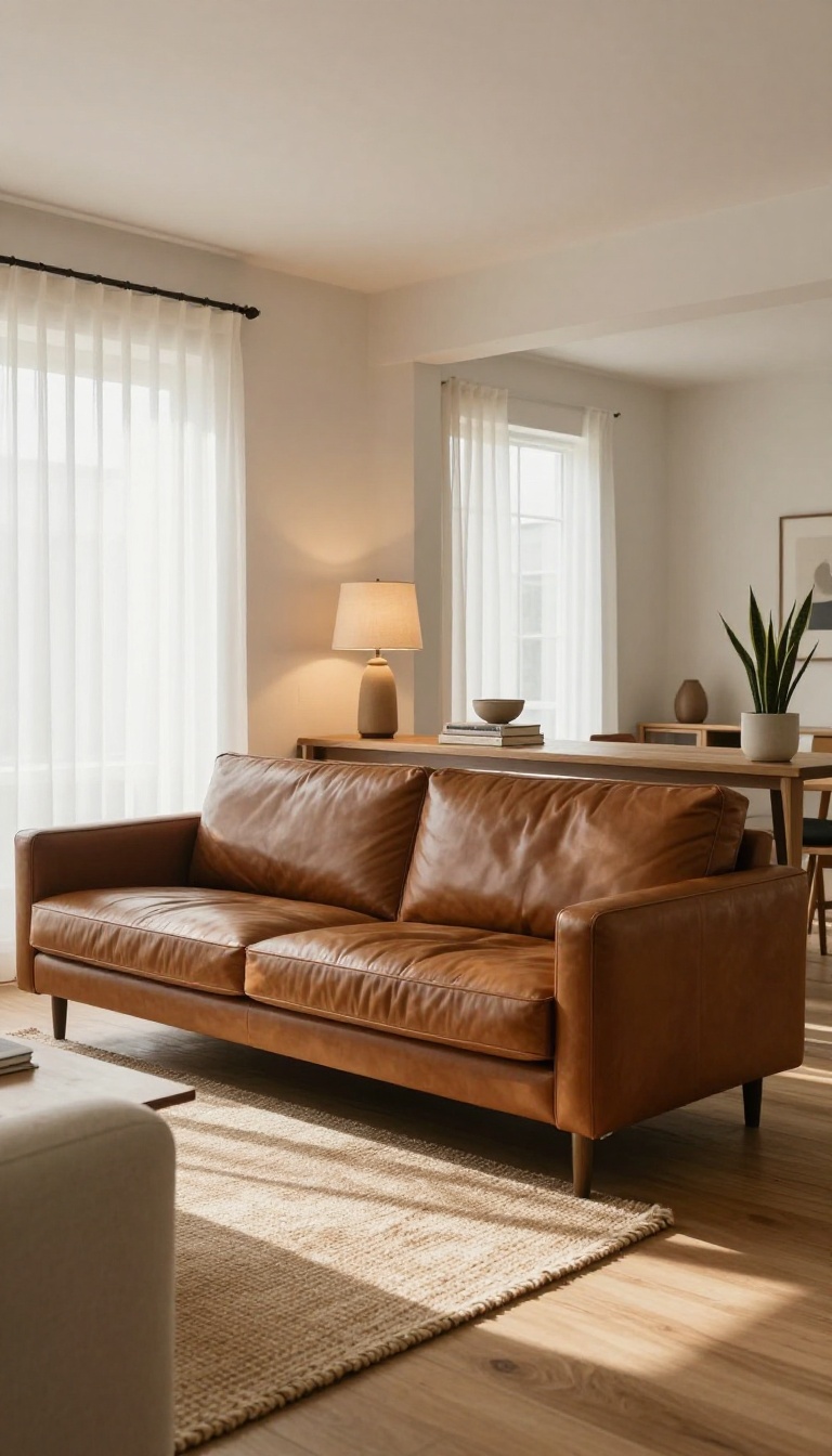 Bright living room with a caramel leather sofa and a slim console table behind it styled with two small lamps, books, and a snake plant