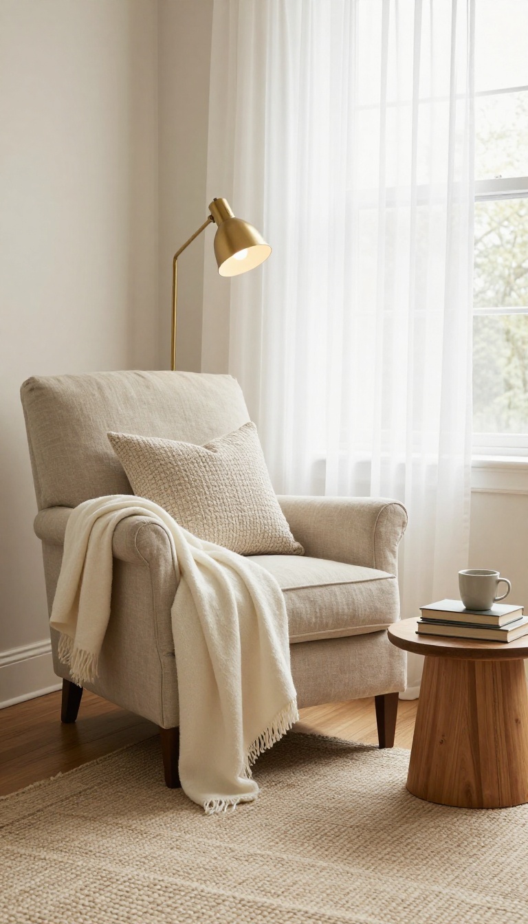 Cozy classic bedroom reading nook with a neutral linen armchair, soft throw blanket, small side table, and warm natural window light