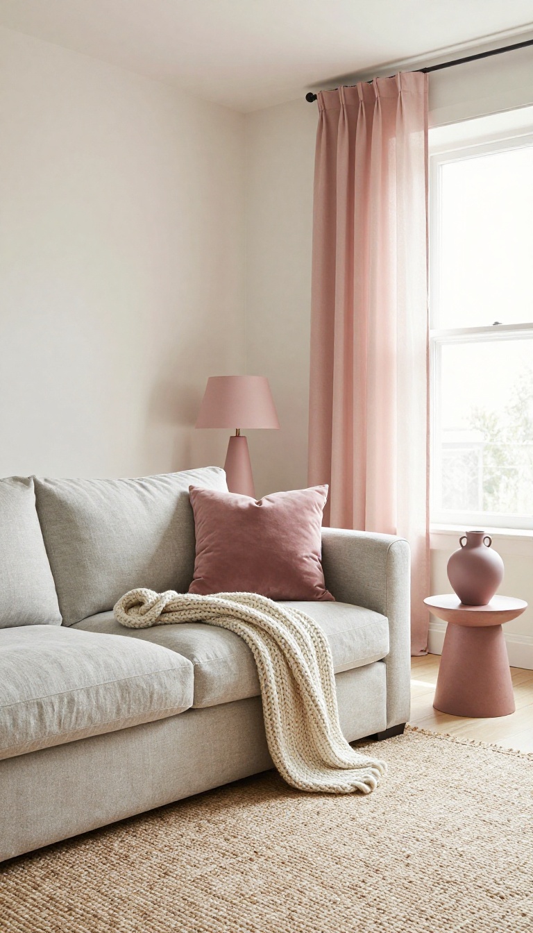 Cozy apartment living room with a pink and neutral color palette, greige sofa, jute rug, dusty rose accents, and bright natural light