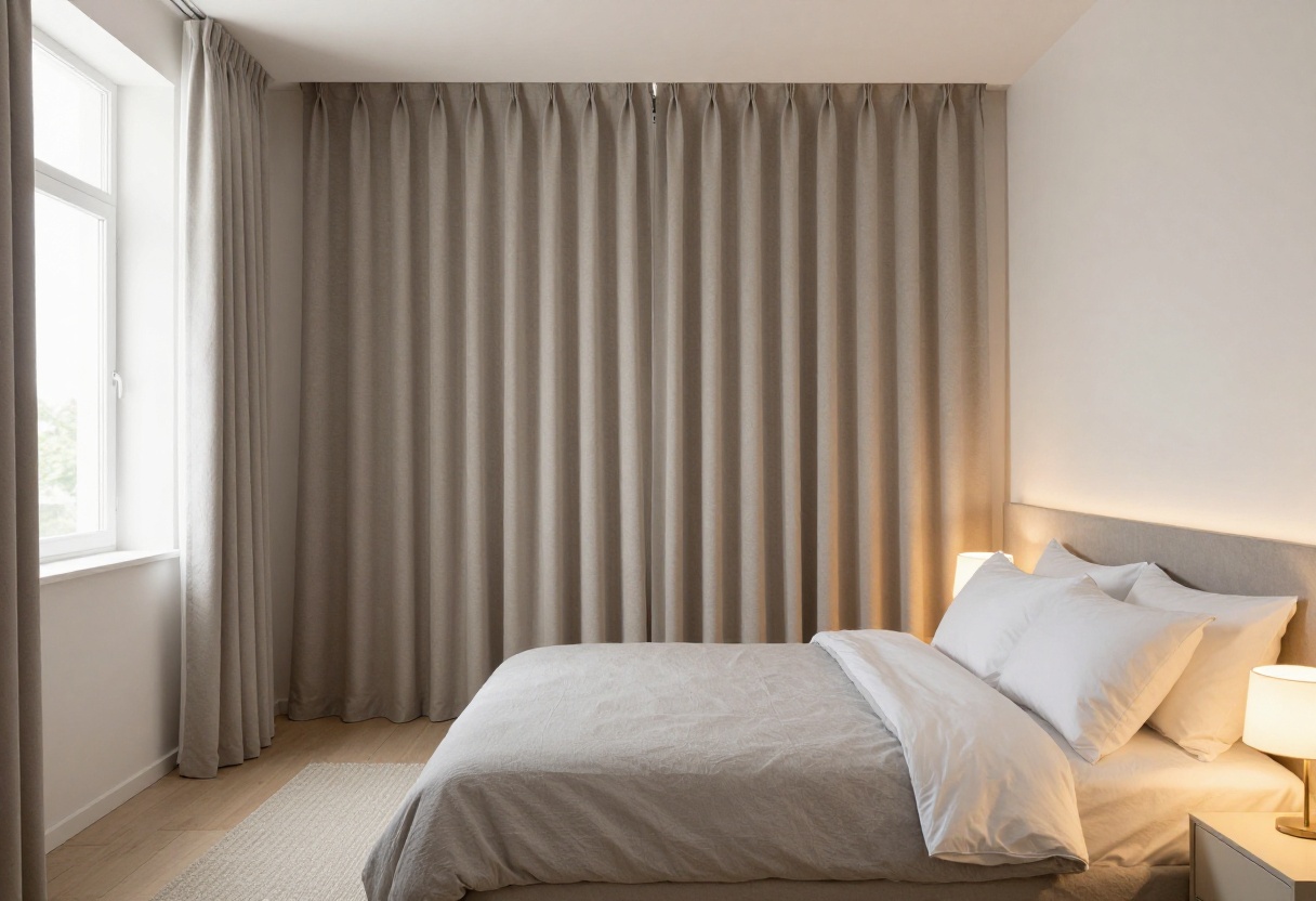 A cozy bedroom with closed blackout curtains in a neutral tone, creating a dark and restful atmosphere for sleep.