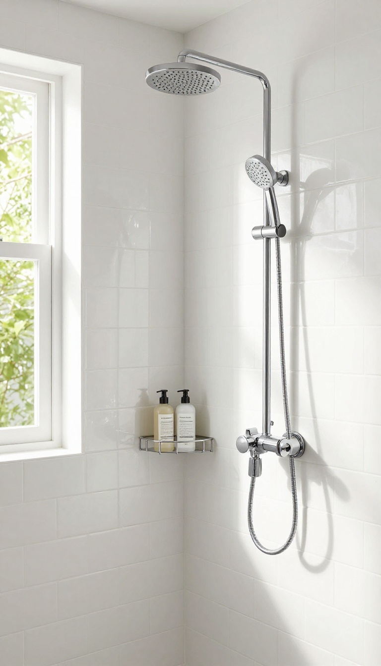 Bright bathroom shower with mirrored wall panels reflecting natural light, creating a glamorous and spacious feel