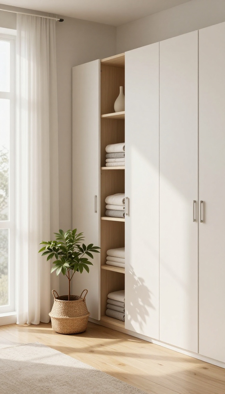 Modern L-shaped corner wardrobe in a bright bedroom, using an otherwise wasted corner for sleek storage with natural light and minimalist decor