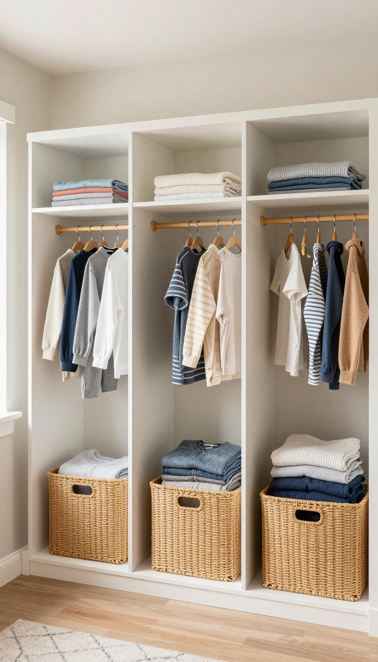 Shared kids' bedroom closet divided into three equal sections, each with its own hanging rod, shelf, and slim hamper for organized sibling storage