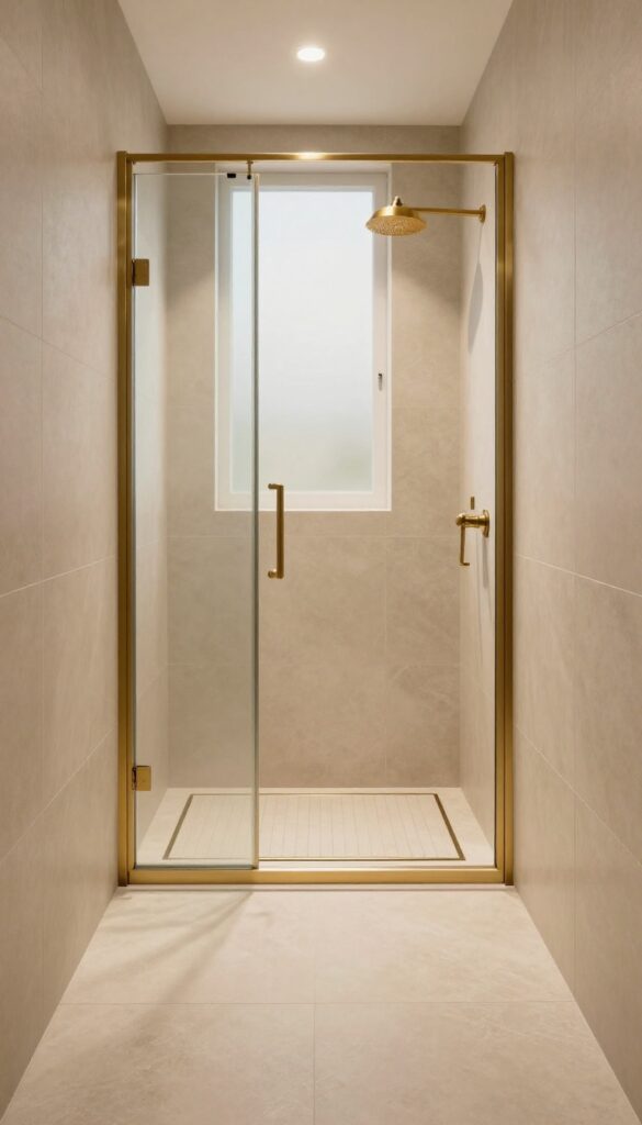 Modern no-door walk-in shower with a linear drain as a design statement, featuring brushed brass finish and tiled floor, in a warm, inviting bathroom.
