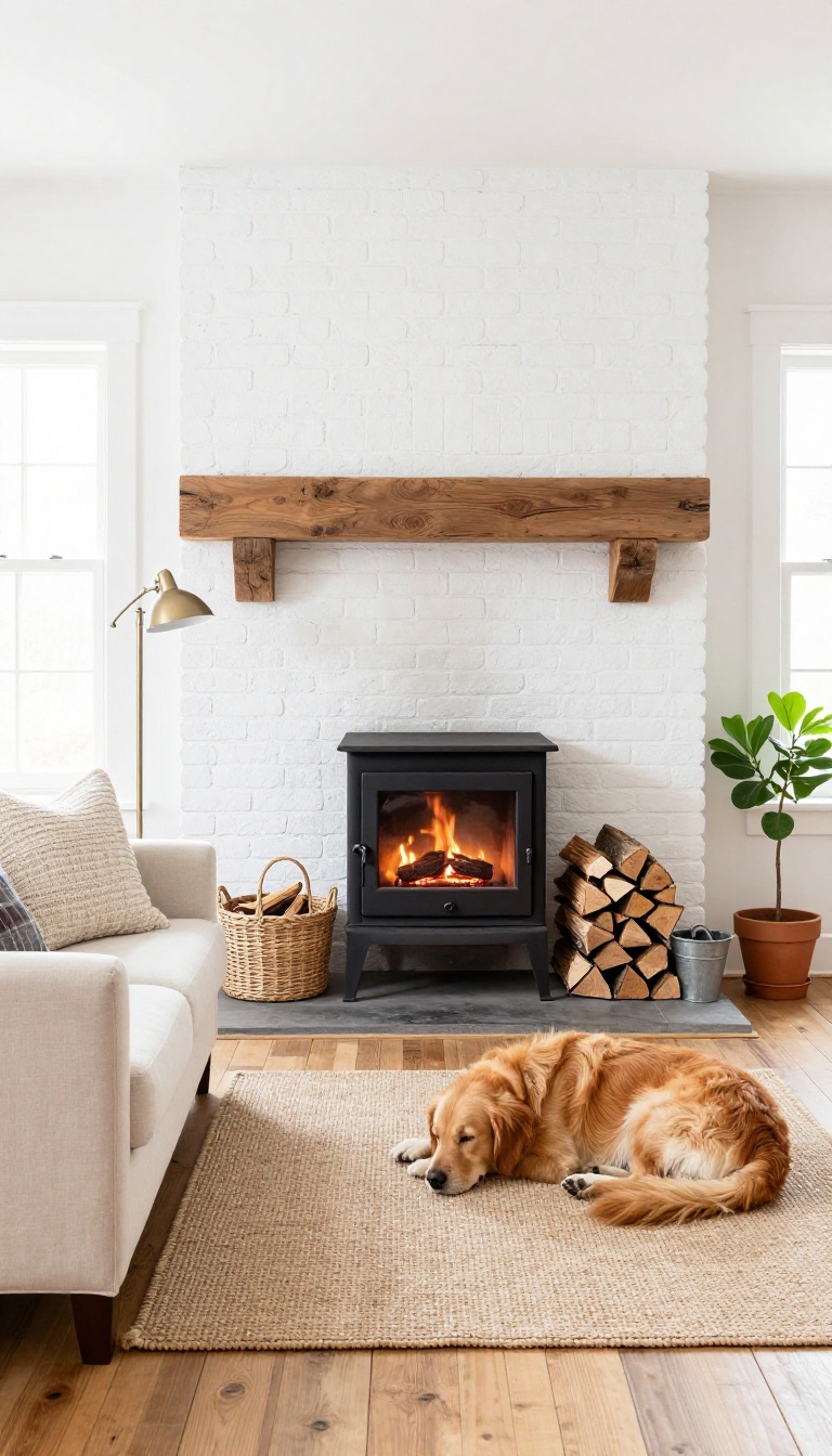 Cozy country living room with a black wood-burning stove, stacked firewood, and a dog resting on a jute rug in bright natural light