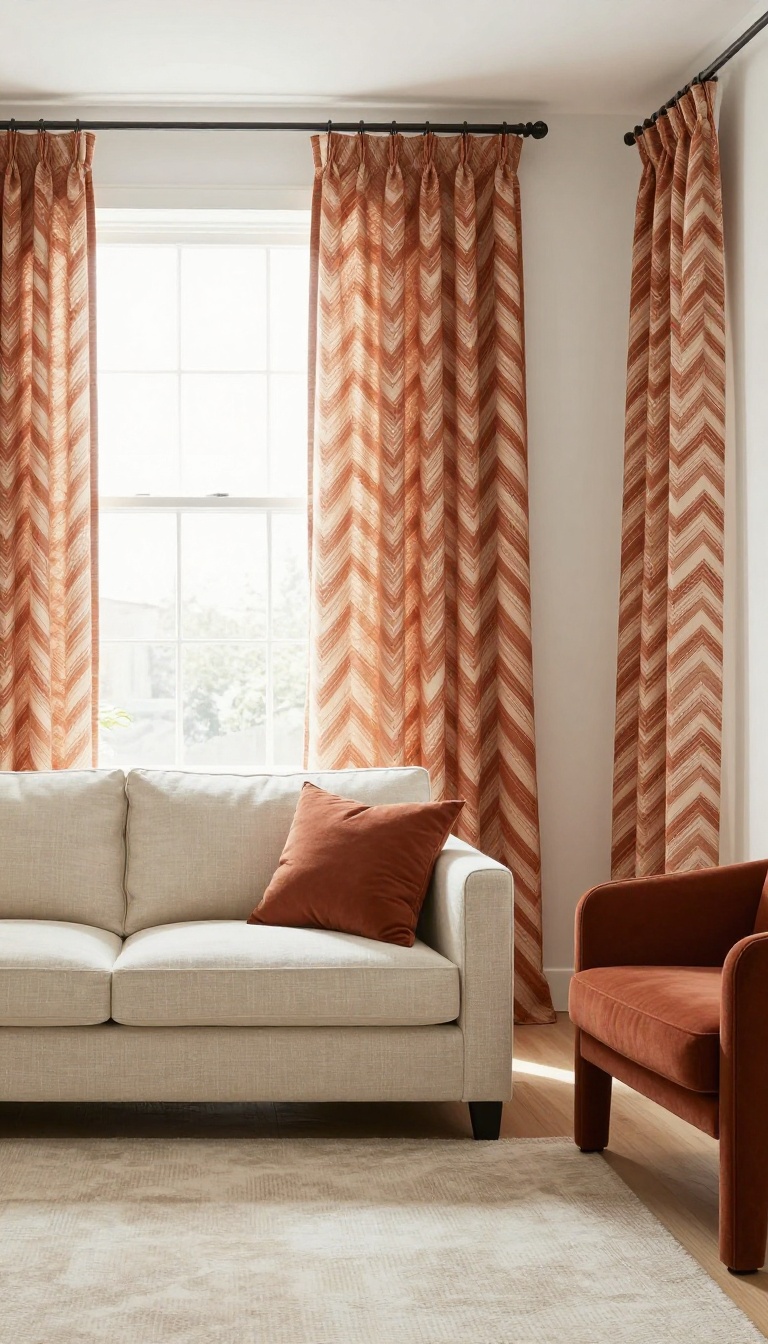 Living room with cream and rust chevron patterned curtains matching a neutral sofa, area rug, and accent chairs in a bright, clean space.