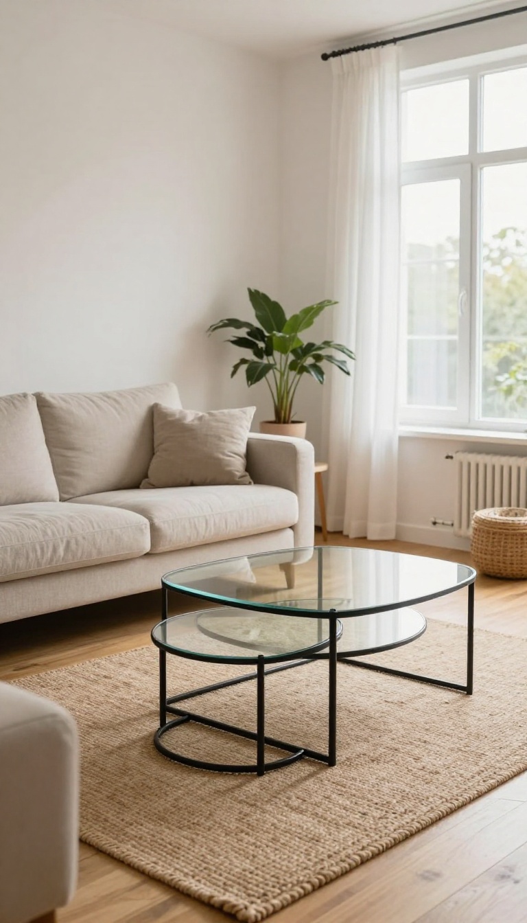 Three glass and black metal nesting coffee tables stacked together in a bright small living room with a linen sofa and natural light