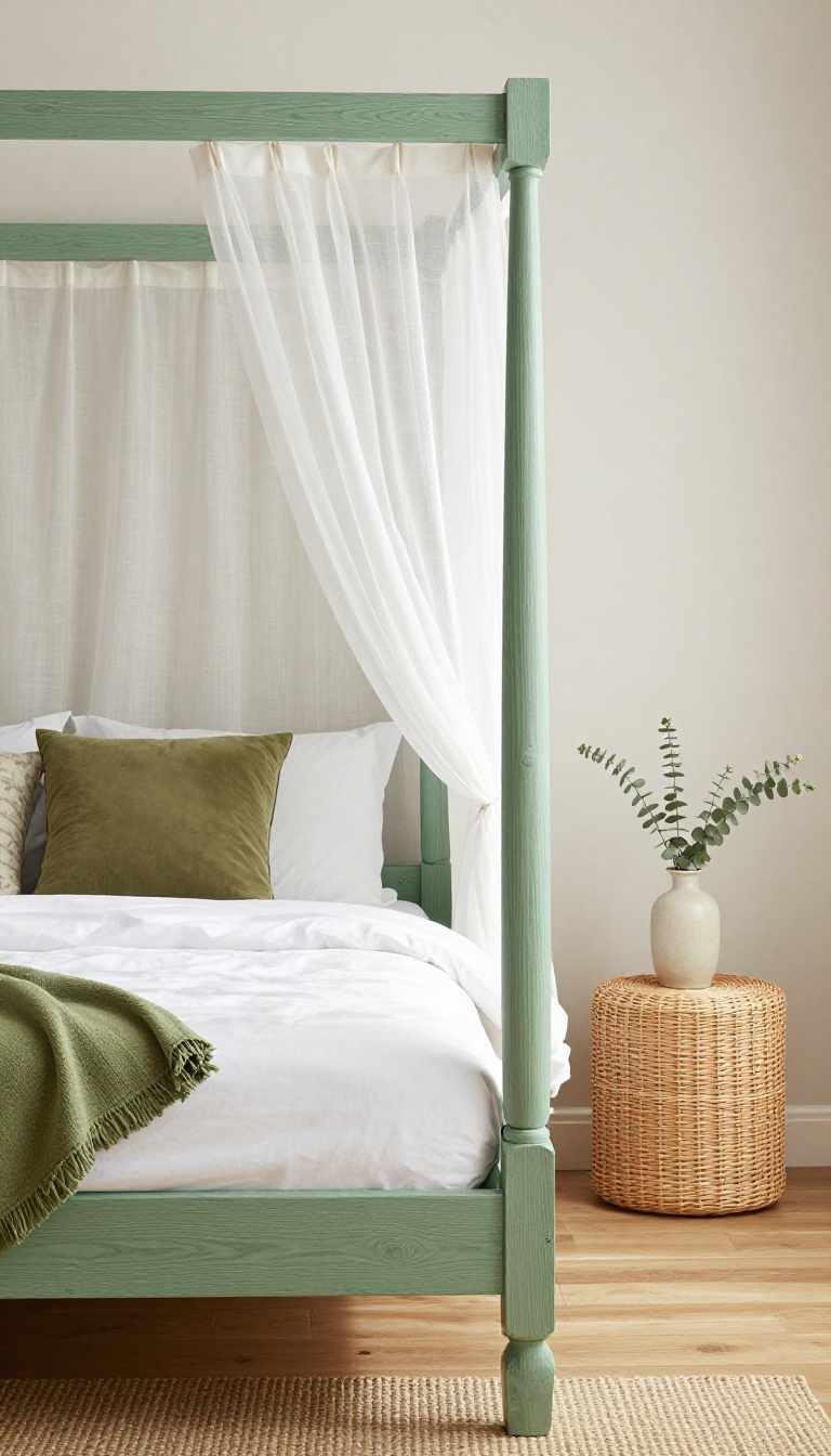 Bedroom with a green stained wooden bed frame showing natural wood grain, styled with white bedding, rattan nightstand, and jute rug in bright natural light