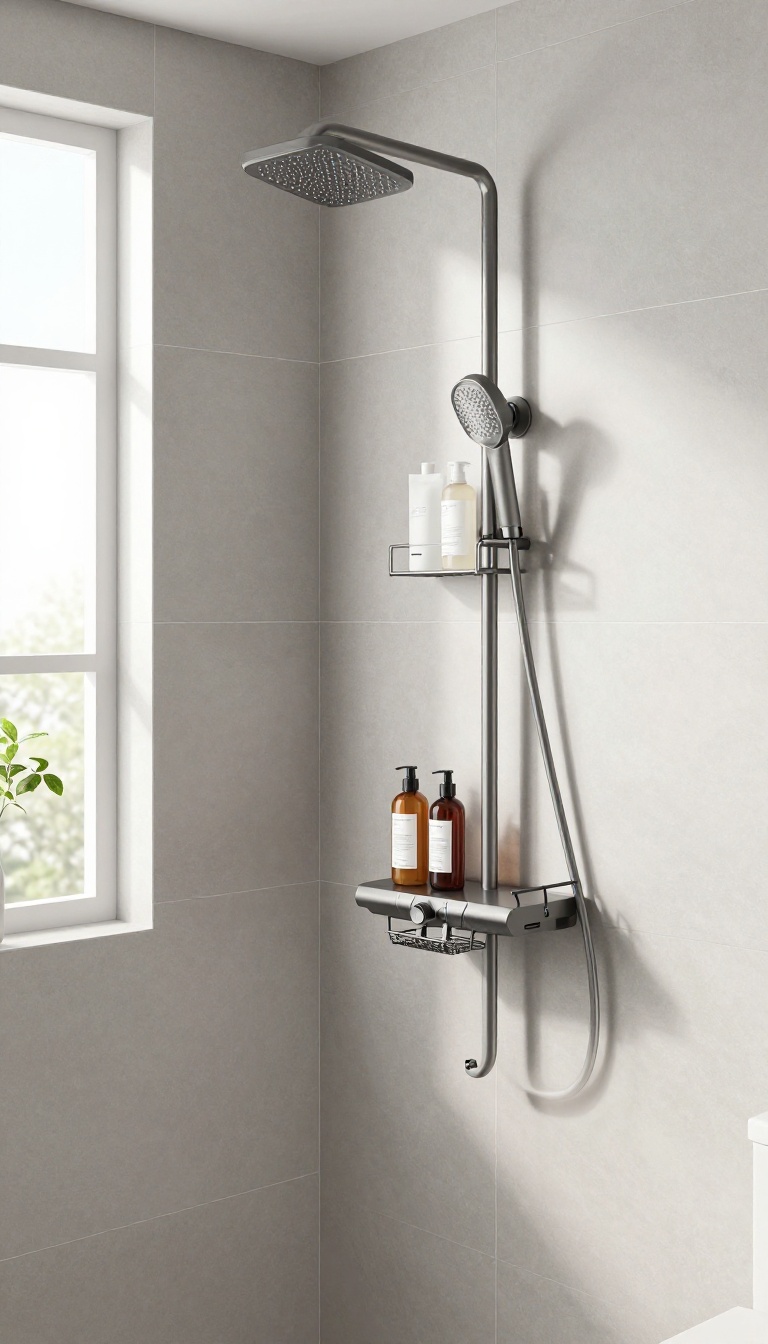 Modern bathroom shower with a corner caddy holding shampoo bottles, showcasing organized storage in a tiled corner.