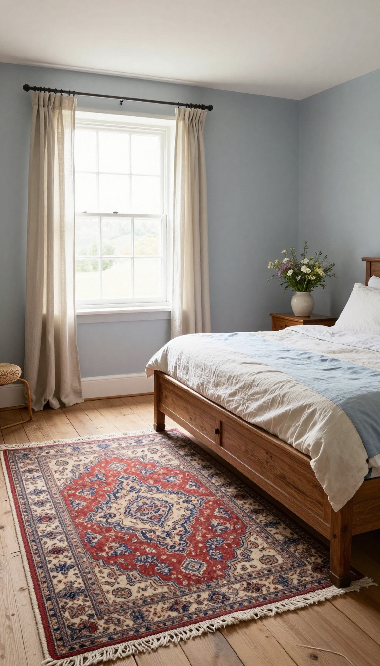 Cozy English cottage bedroom with a vintage Oriental rug layered over jute beneath an antique wooden bed in soft morning light