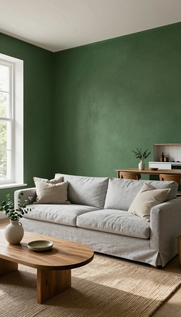 Open plan living room with a deep olive green limewash feature wall behind a light gray sofa, styled with a jute rug and oak coffee table in bright natural light.