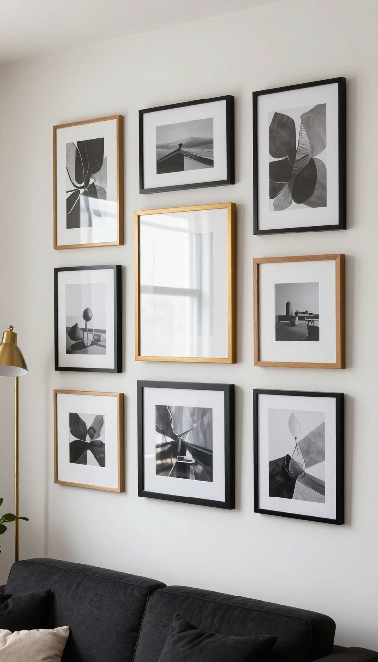 Modern black living room wall with a mixed-size gallery wall of thin black, gold, and wood frames in bright natural light