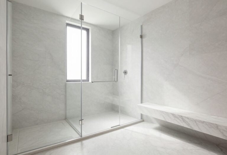 Modern walk-in shower with white marble walls, glass enclosure, and a built-in bench.