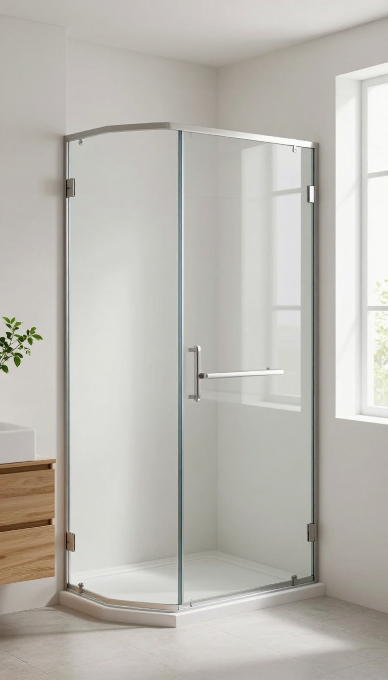 Semi-frameless shower door in a bright, modern bathroom with natural light and neutral decor