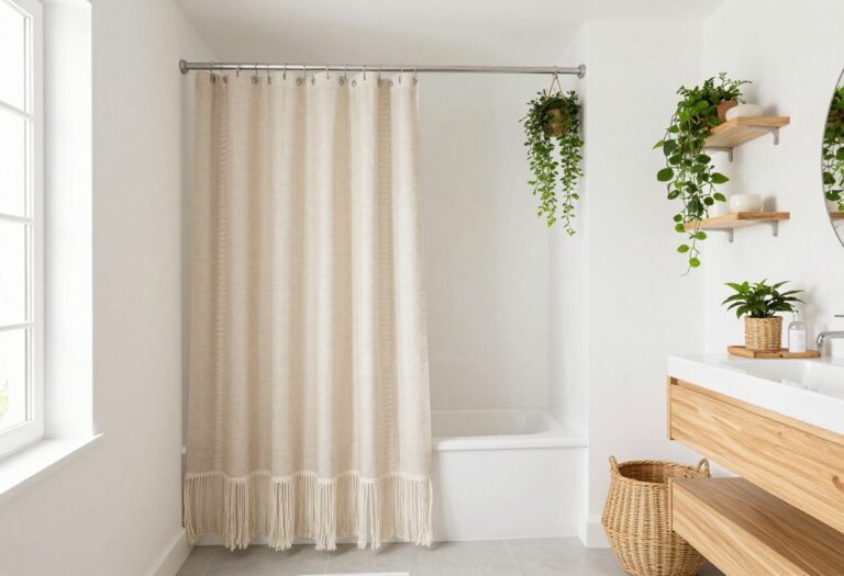 Boho bathroom with a fringed macramé shower curtain and earthy decor