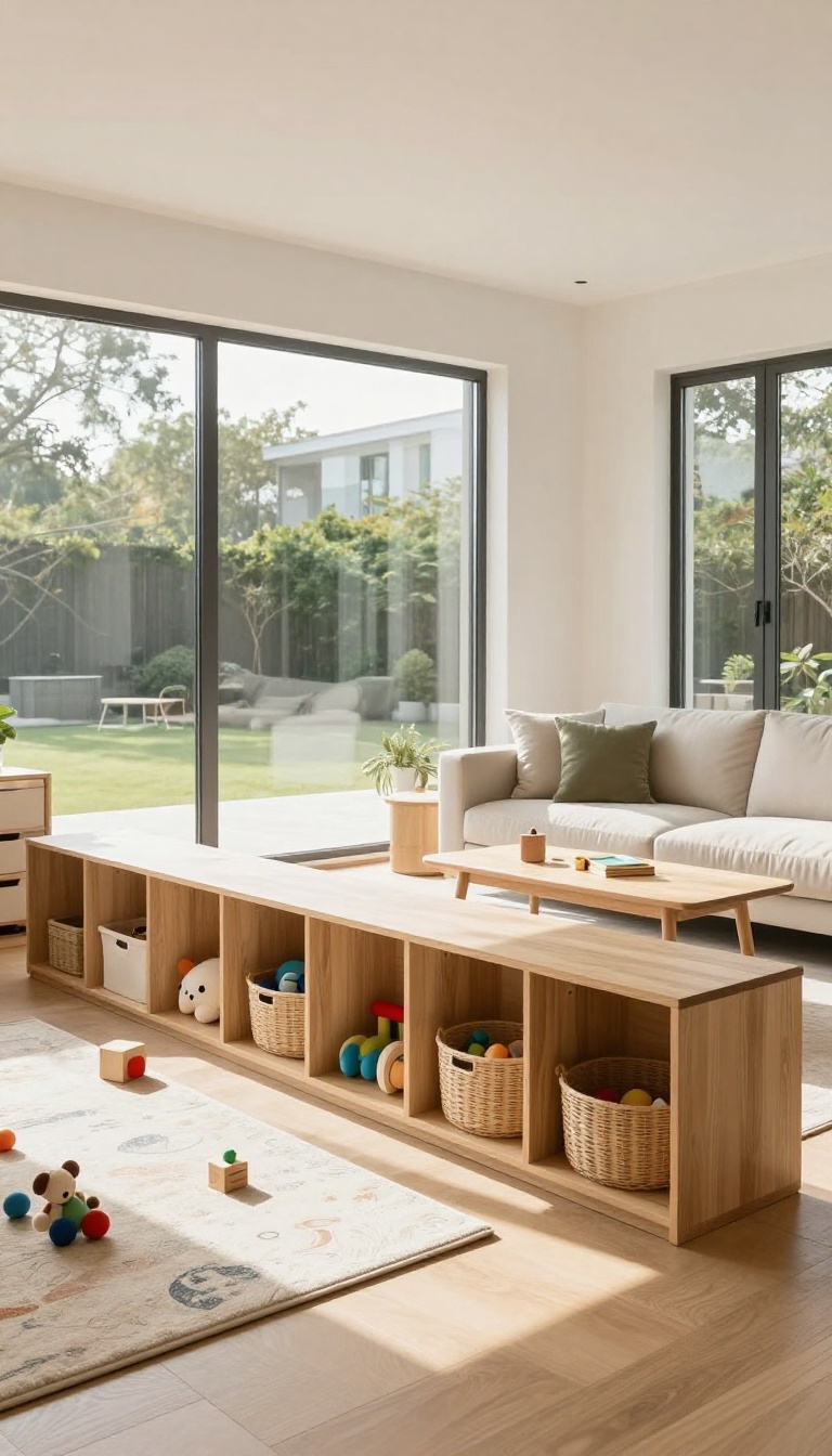Bright open-plan living room with a low storage unit filled with open bins dividing a kids' play zone from an adult seating area