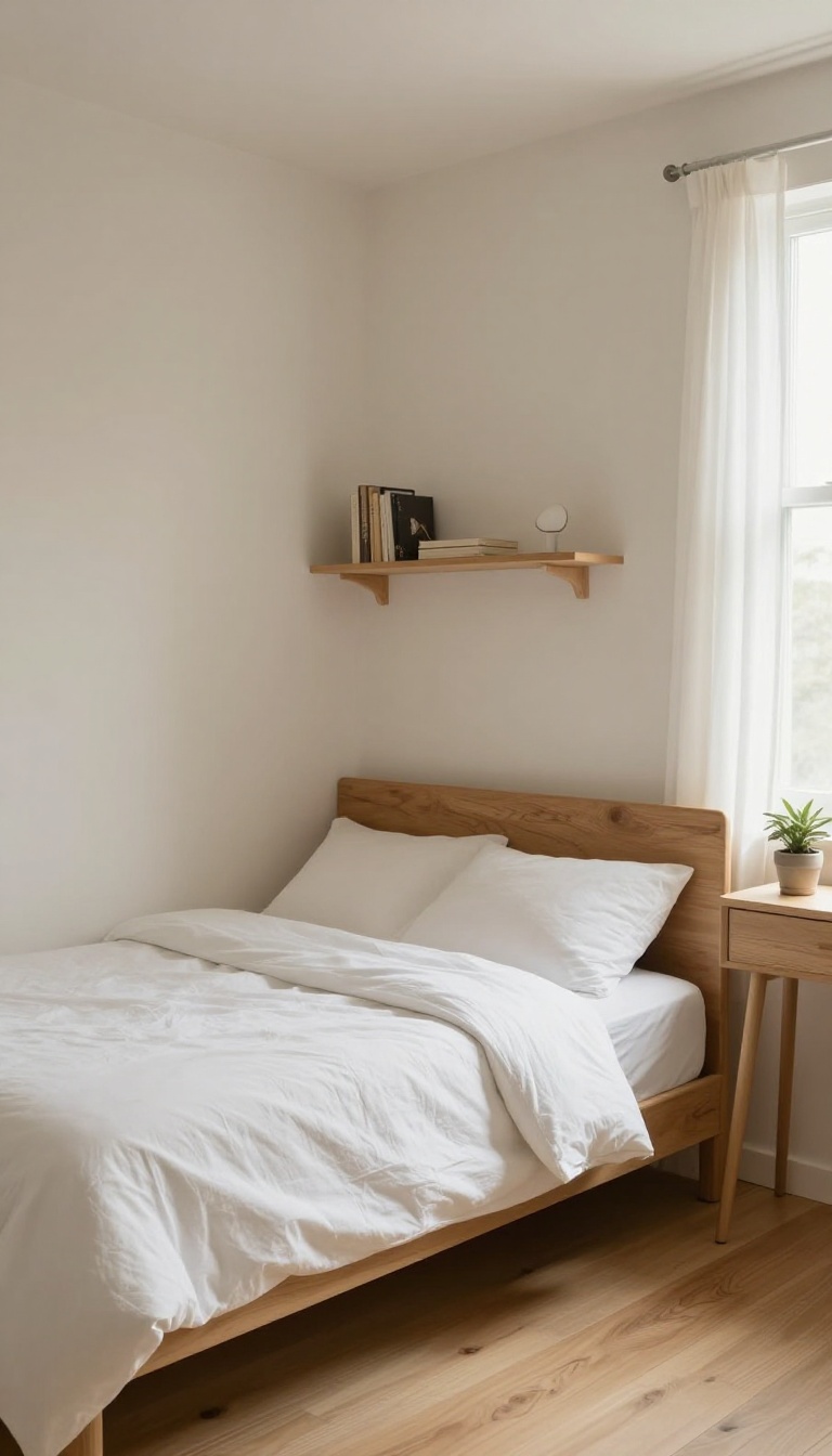 Small square bedroom with a bed tucked into the corner, open floor space, floating shelf, and bright natural light