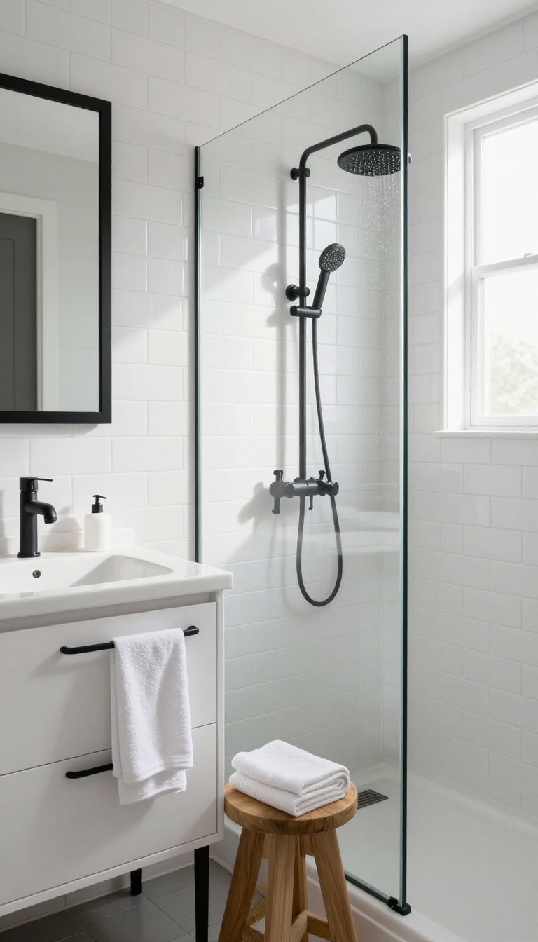 Modern bathroom with matte black fixtures, white tiles, and natural light