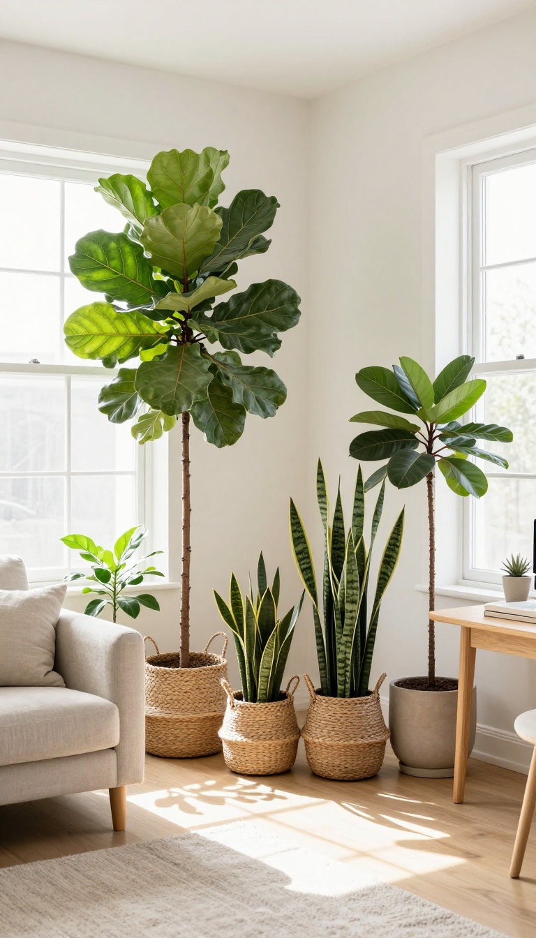 Tall indoor plants including a fiddle leaf fig, snake plant, and rubber tree in woven baskets dividing a bright small living room between a sofa and desk