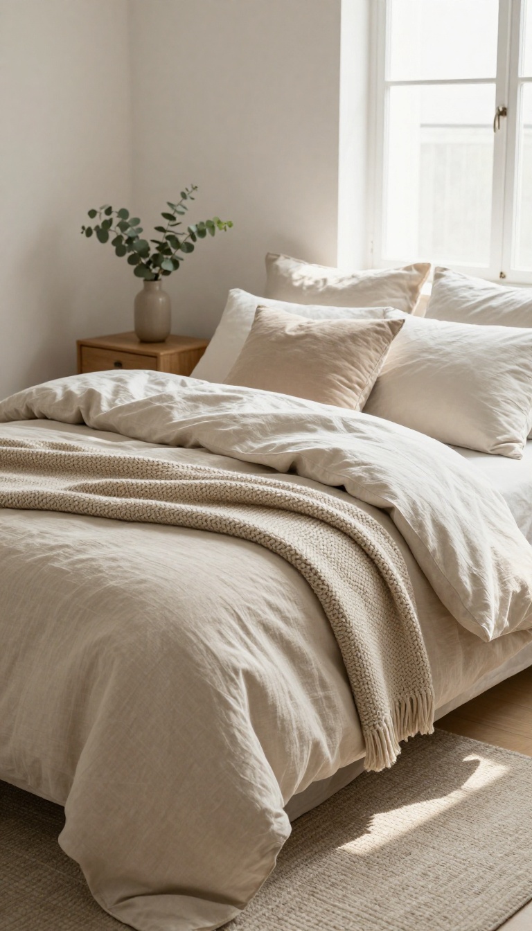 Cozy classic bed layered with linen sheets, a washed cotton duvet, and a chunky knit throw in a bright neutral bedroom