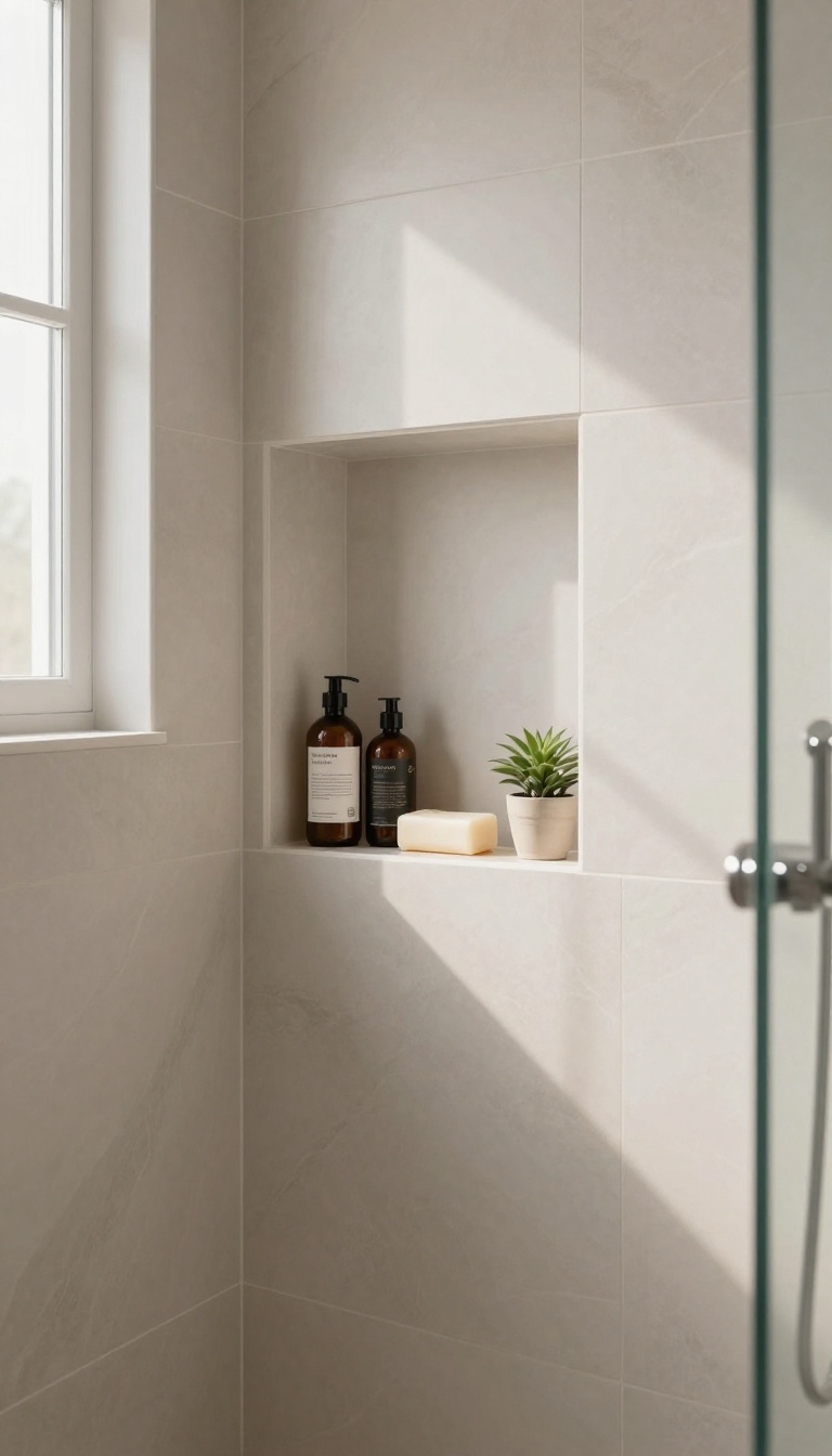 Modern shower with a tiled knee wall featuring a recessed niche shelf holding shampoo bottles and soap in bright natural light
