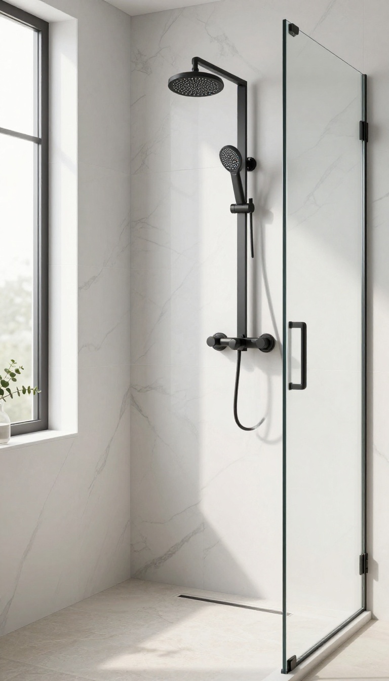 Modern bathroom shower with matte black showerhead, valve trim, glass door handle, and drain cover against white marble tile in bright natural light