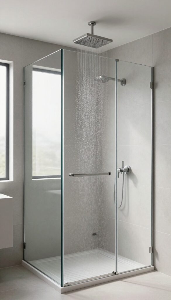 Modern walk-in shower with a minimalist ceiling-mounted rain shower head in brushed nickel, featuring clean lines and a spa-like atmosphere.