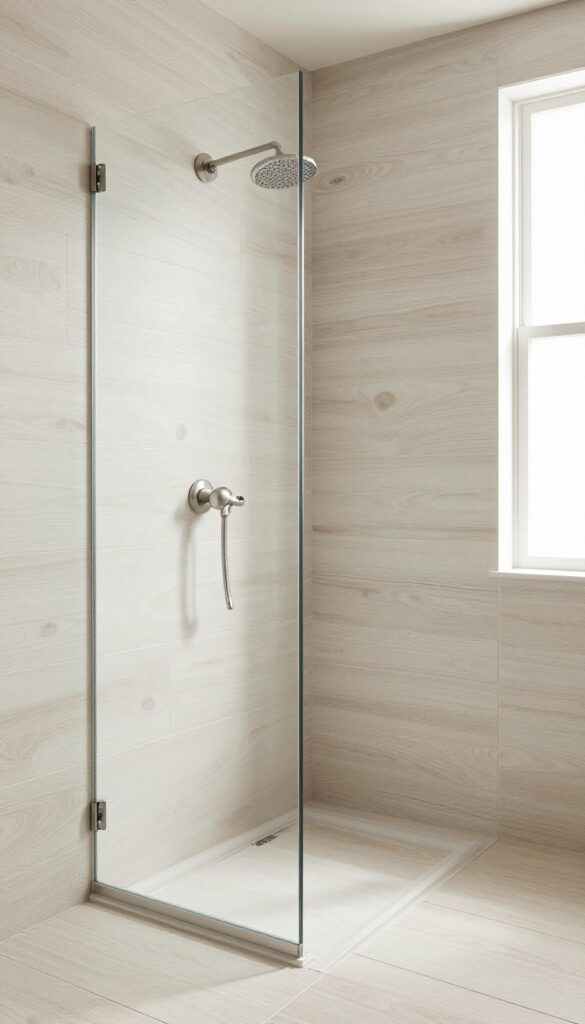 Modern farmhouse shower with wood-look porcelain tile, glass enclosure, and rainfall showerhead in bright natural light.