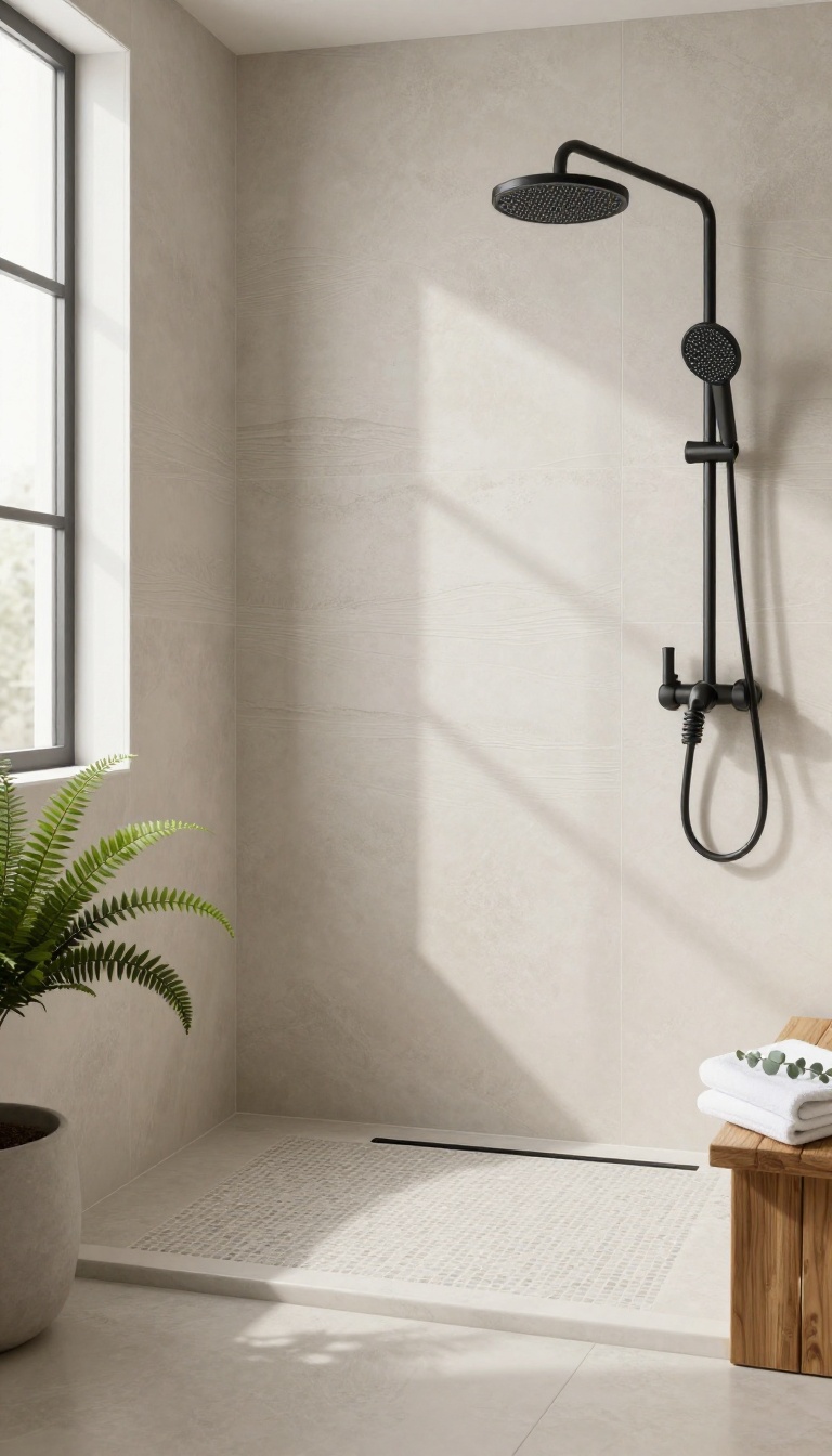 Spa-like master bathroom shower with textured wave-patterned wall tiles, a rain shower fixture, teak bench, and bright natural light